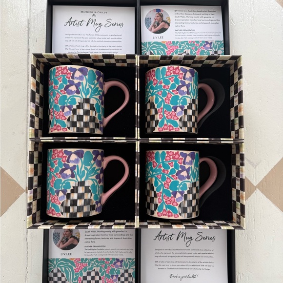 Mackenzie-Childs Floral Artist Mug - Pink Handle Teal Purple & Black Check